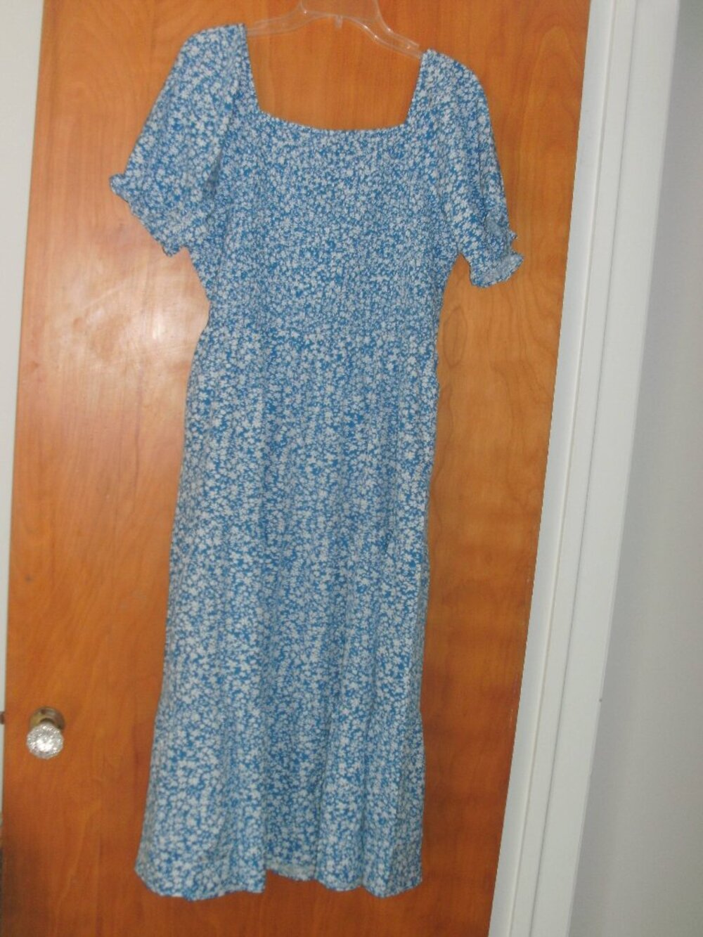 Blue & White Floral Midi Dress Square Neck Puff Sleeve Smocked Top Ruffle Hem L